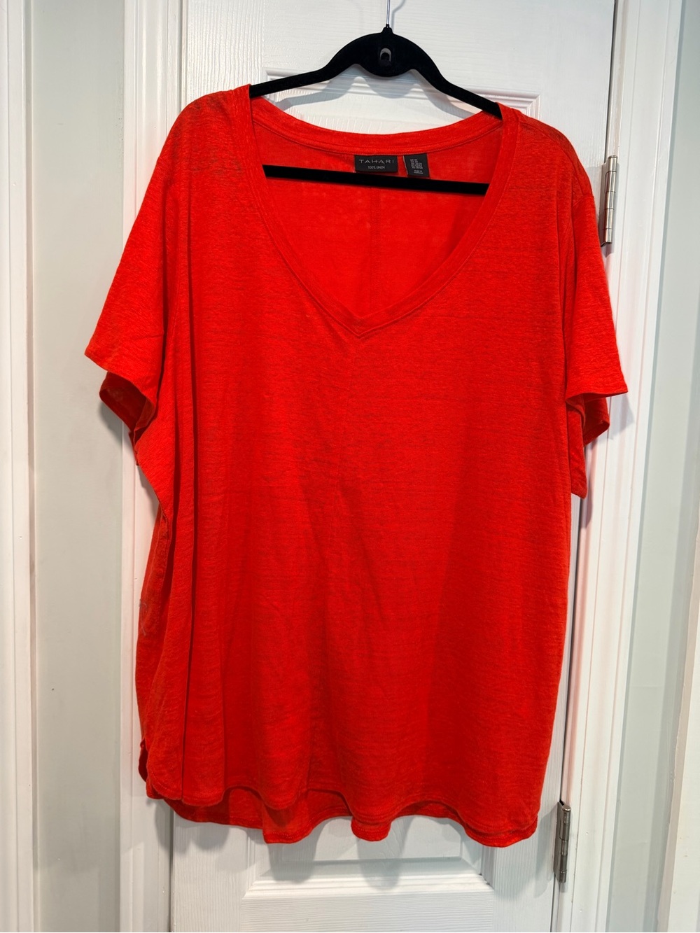 NWOT Tahari Size 3X Red 100% Linen V Neck Short Sleeve Relaxed Fit Top